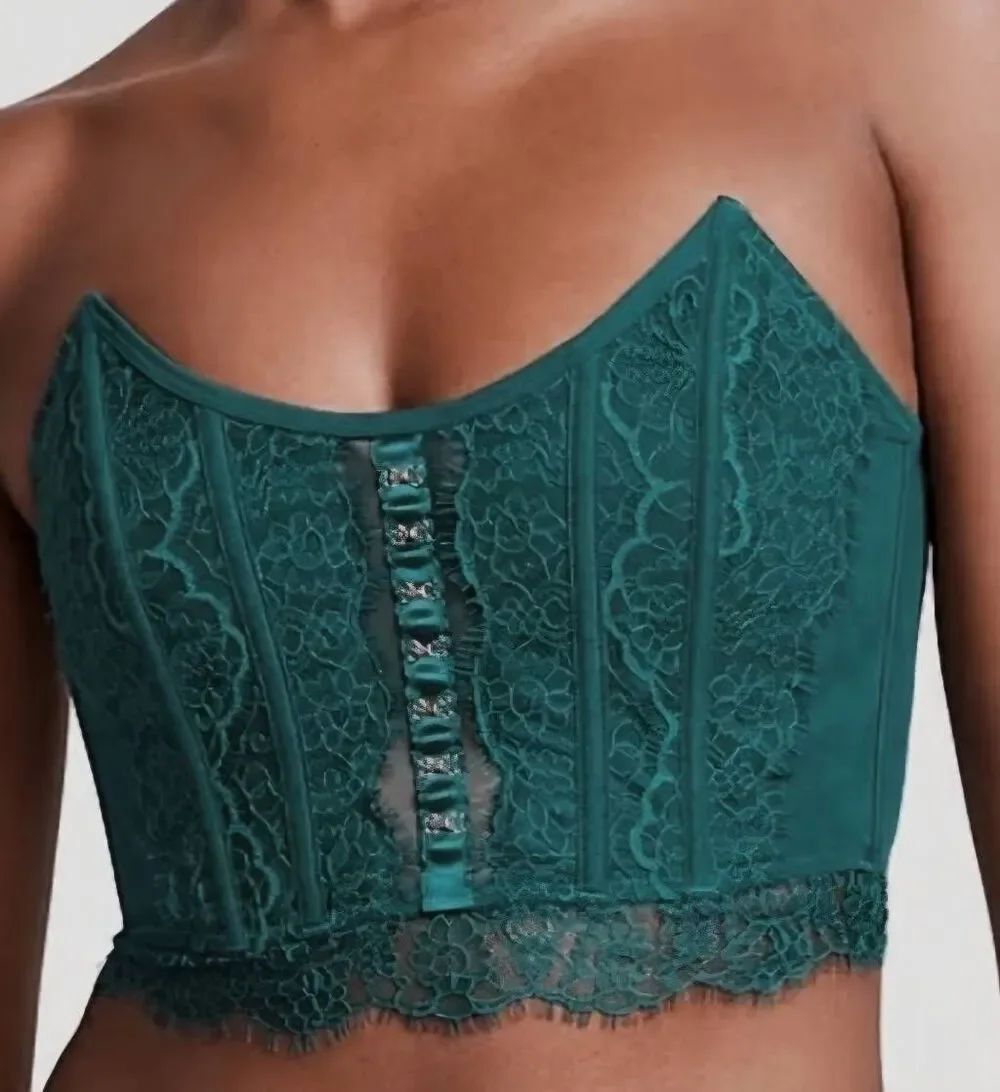 Victoria's Secret Bustier Bra Women's Small Teal Corset Unlined Lace Fairy